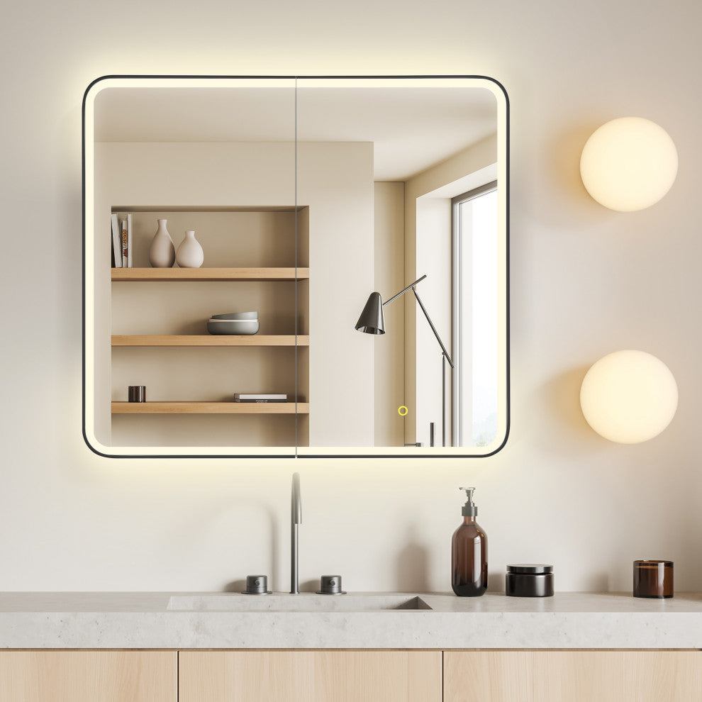 Ostaria Rectangular Surface-Mount/Reccessed LED Lighted Bathroom Black Aluminum Mirror Medicine Cabinet - 36\, image size:990x990