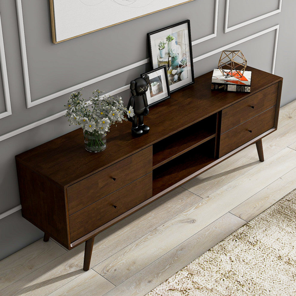 Noak Mid-Century Modern Solid Wood TV Stand With 6 Storage Cabinet, Walnut