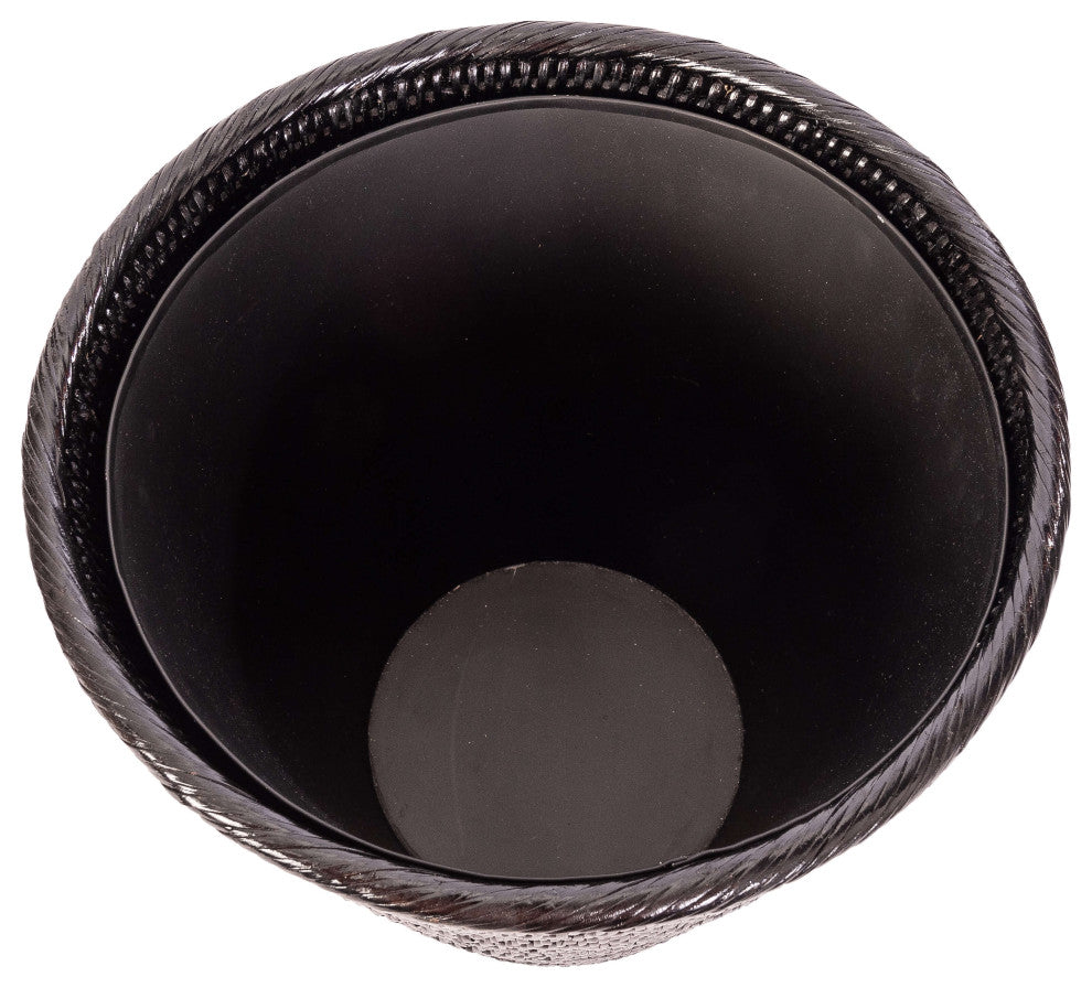 Artifacts Rattan Round Tapered Waste Basket With Metal Liner, Tudor Black
