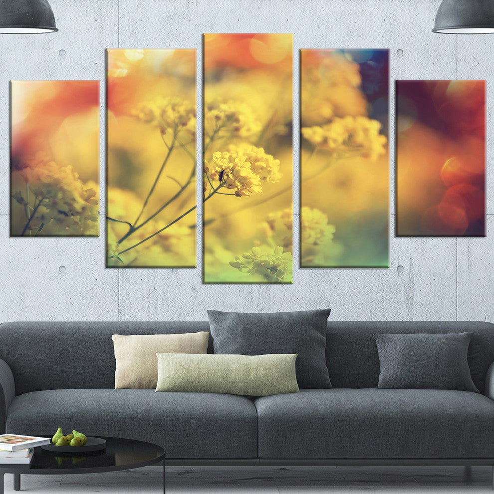 Light Little Yellow Flowers Background, Flower Canvas Print, 60"x32", 5 Panels