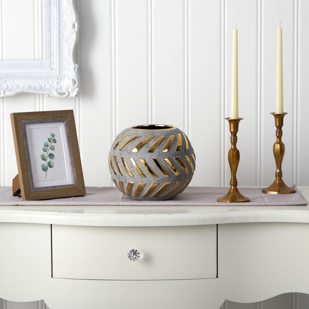 8" Regal Round Stone Vase With Gold Accents
