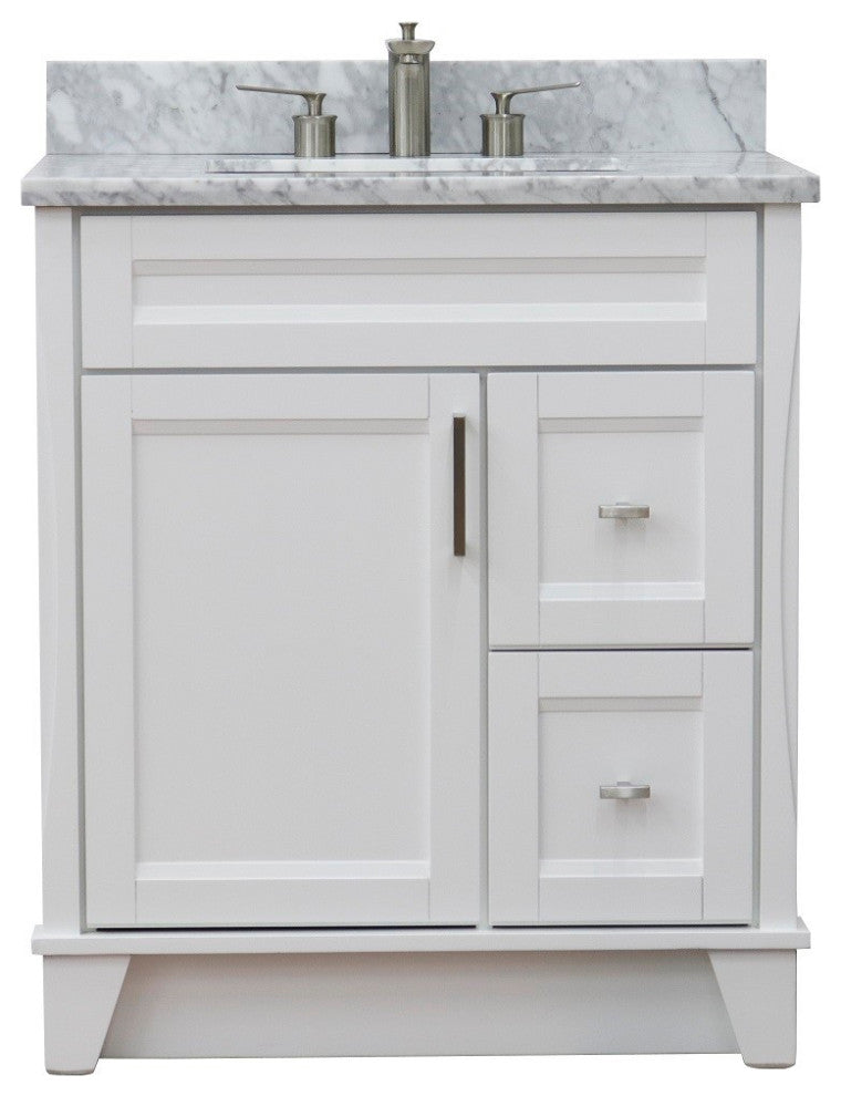 31" Single Sink Vanity, White Finish With White Carrara Marble