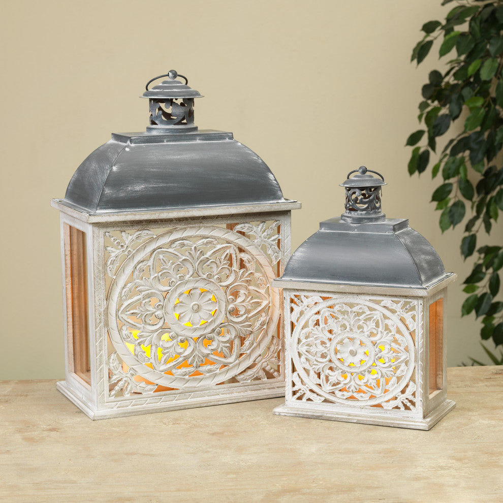 Set of 2 Metal and Wood Nesting Lanterns With Floral Cut-out