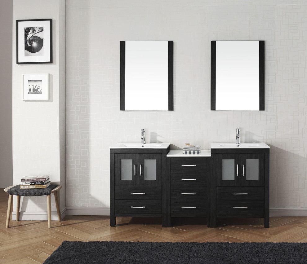 Virtu Dior 74" Double Bathroom Vanity, Zebra Gray, Faucet, Mirrors