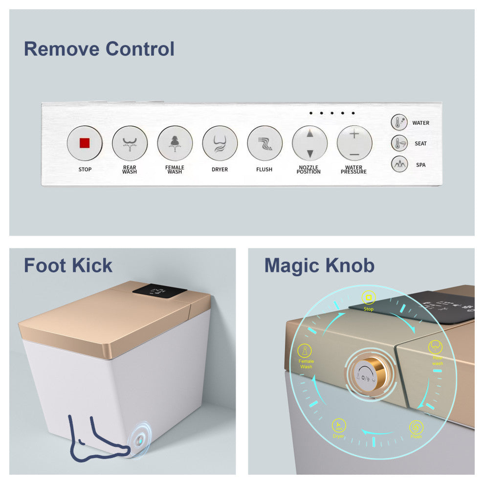 Smart Bidet Toilet with Siphon Jet Flush, Remote Control/ Side Control Knob, Golden