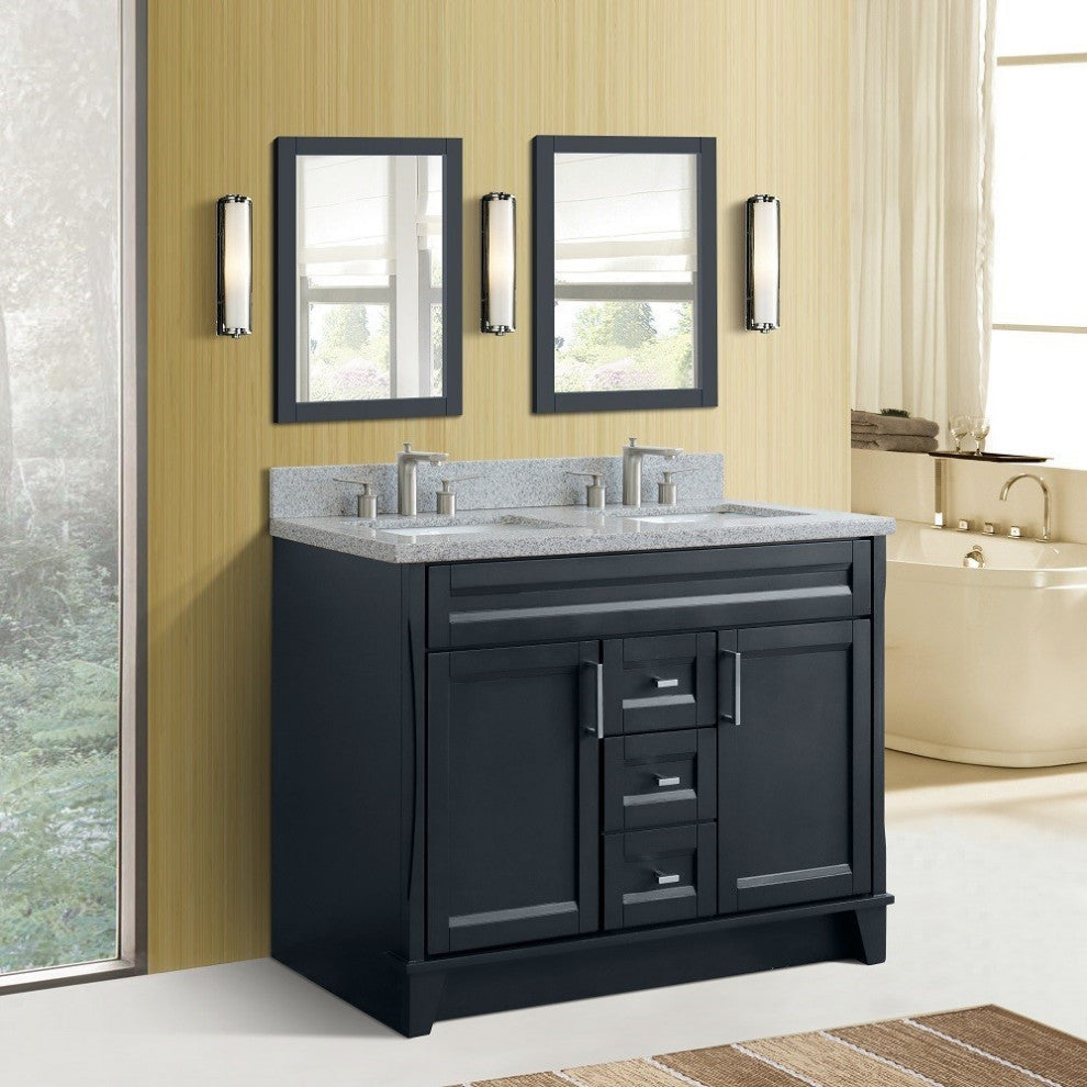 48" Double Sink Vanity, Dark Gray Finish With Gray Granite And Rectangle Sink