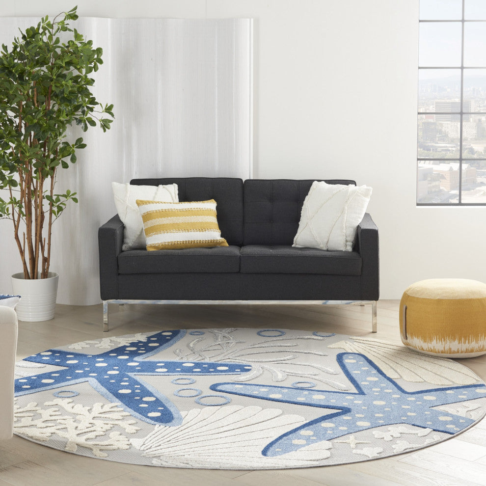 8' Round Blue And Gray Round Indoor Outdoor Area Rug