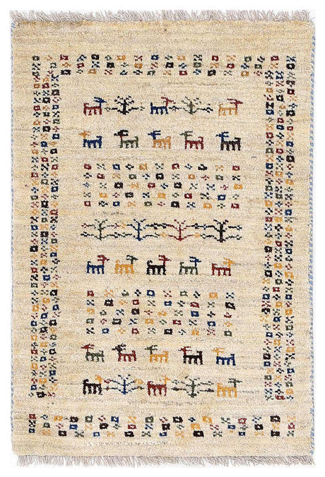 Beige Color Fine Hand Knotted Persian Gabbeh 1'11"x2'11"