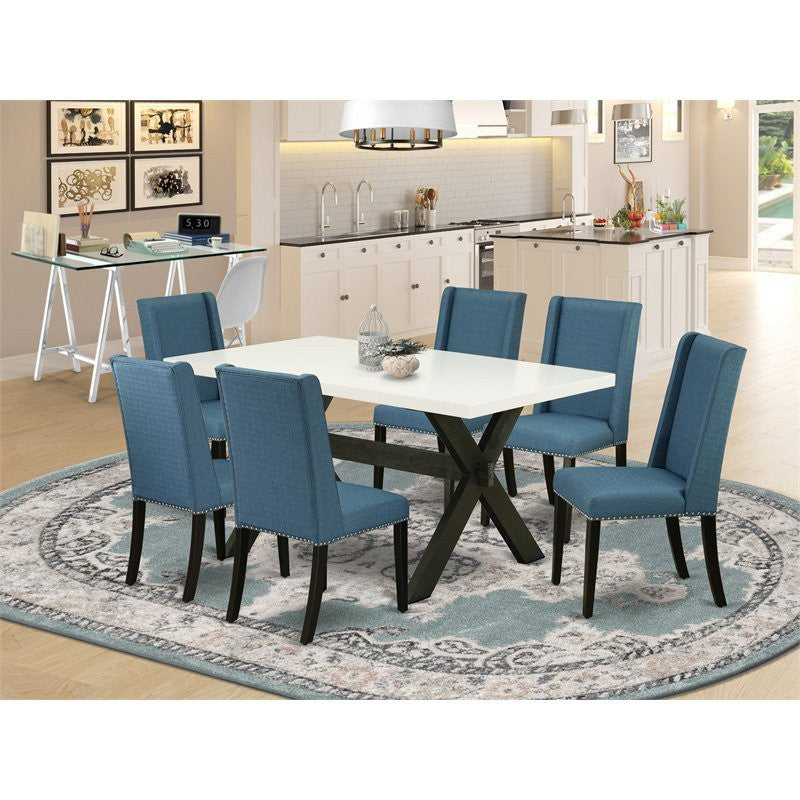 X626Fl121-7, 7-Piece Linen White Table Top and 6 Padded Chairs, Black