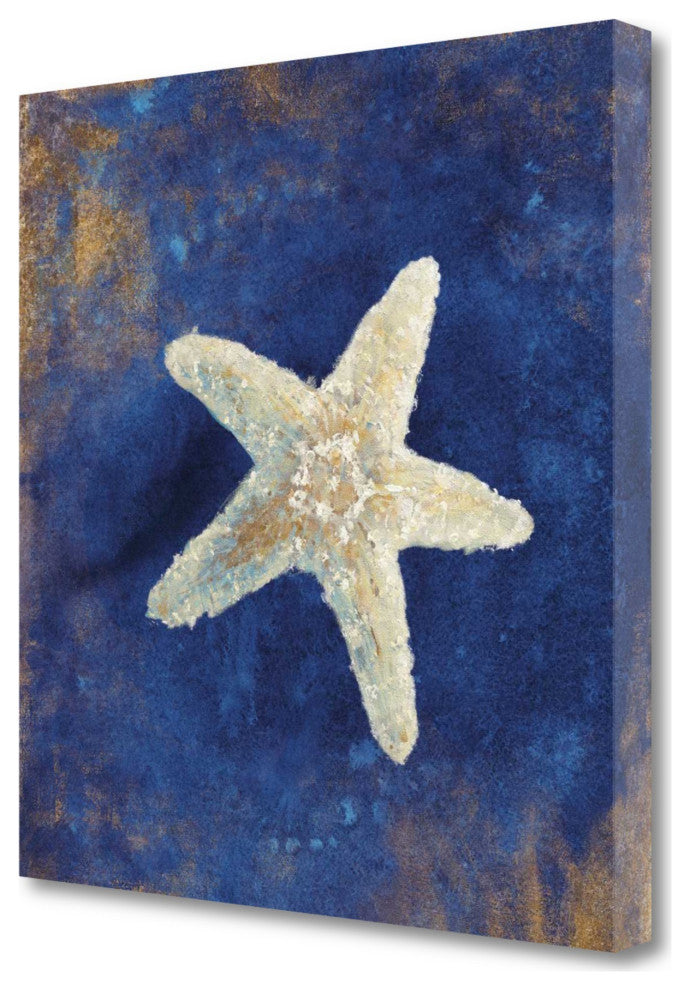 35" Rustic Deep Blue and Gold Starfish Giclee Wrap Canvas Wall Art