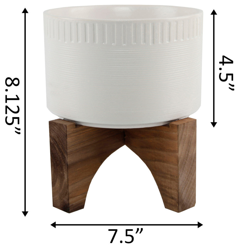 7"  Dumpling Ceramic Planter On Wood Stand, Matte White