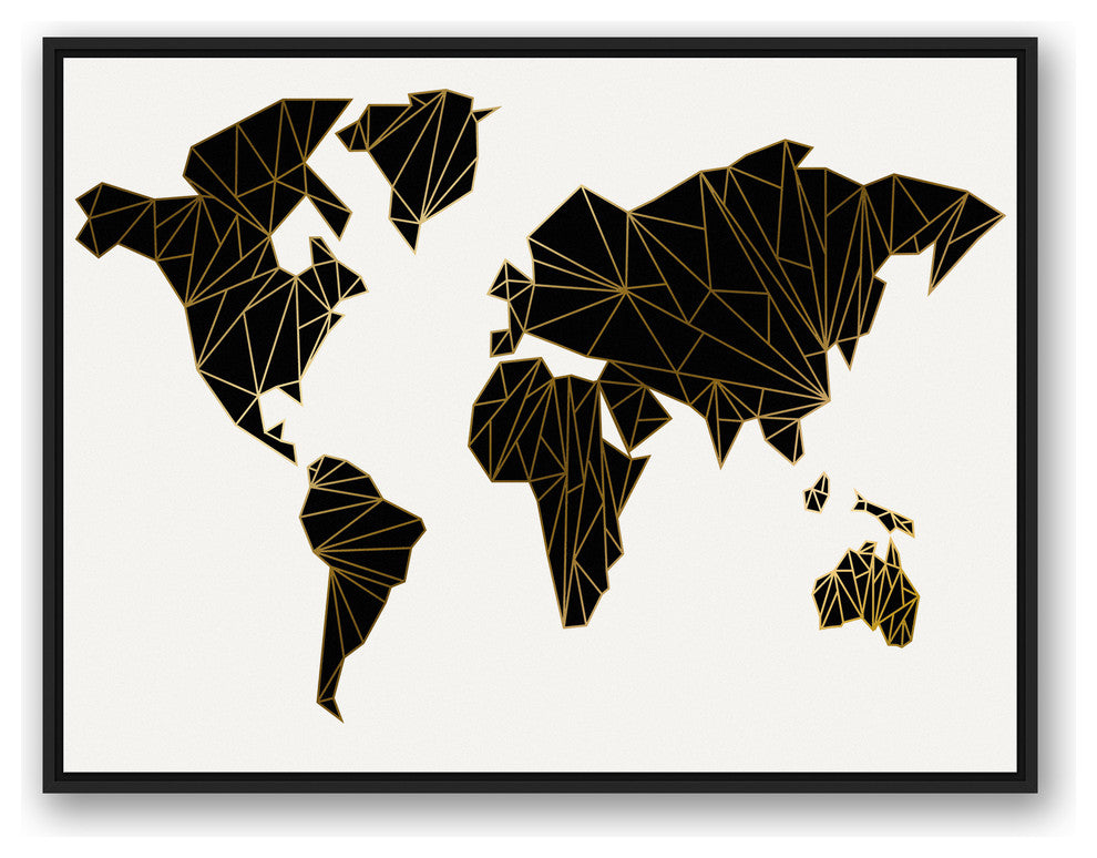 Geometric World Map 30x40 Black Floating Framed Canvas