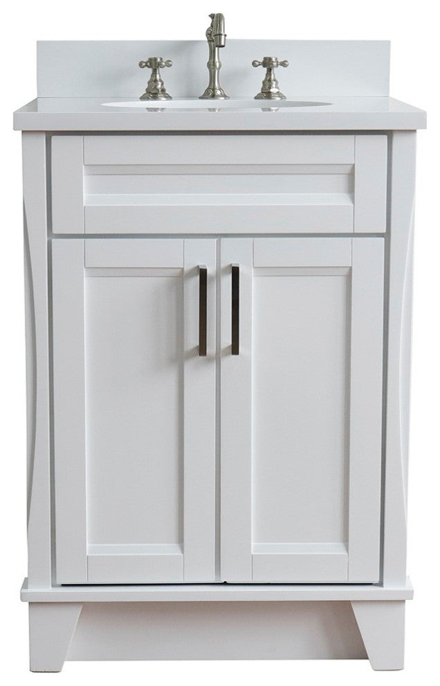 25" Single Sink Vanity, White Finish With Engineered Stone Top And Oval Sink