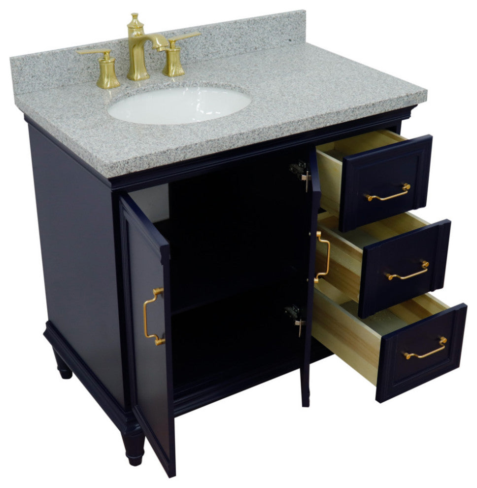 37" Single Vanity, Blue Finish With Gray Granite