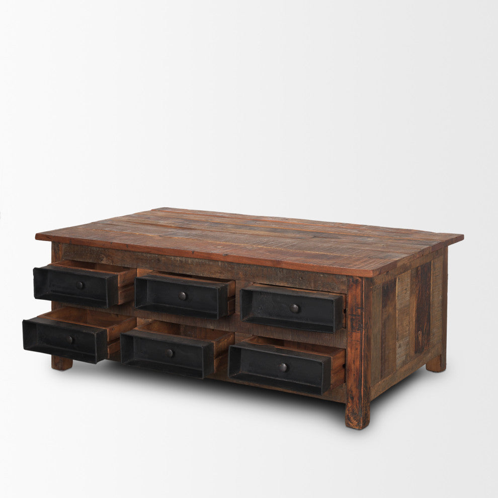 Wilton Brown Wood With 12 Black Metal Drawers Coffee Table