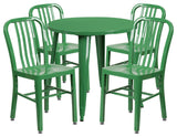 30" Round Green Metal Indoor-Outdoor Table Set, 4 Vertical Slat Back Chairs