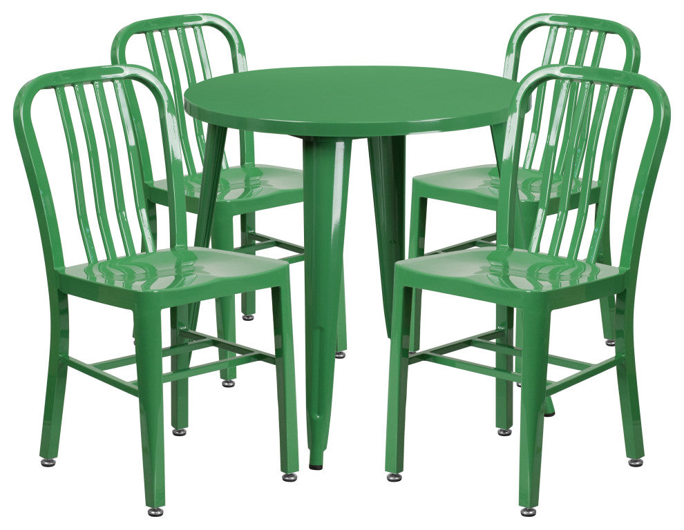 30" Round Green Metal Indoor-Outdoor Table Set, 4 Vertical Slat Back Chairs