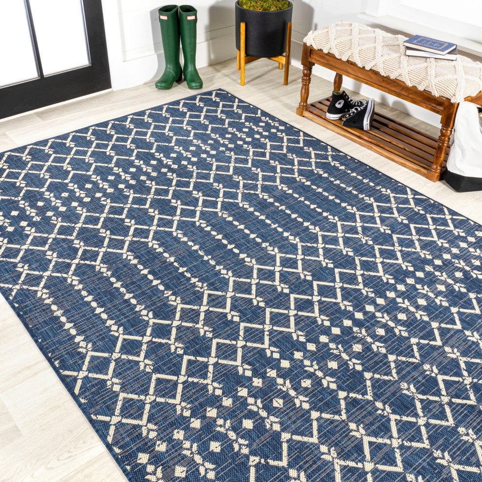 Ourika Moroccan Geometric Indoor/Outdoor Rug, Navy/Beige, 4x6