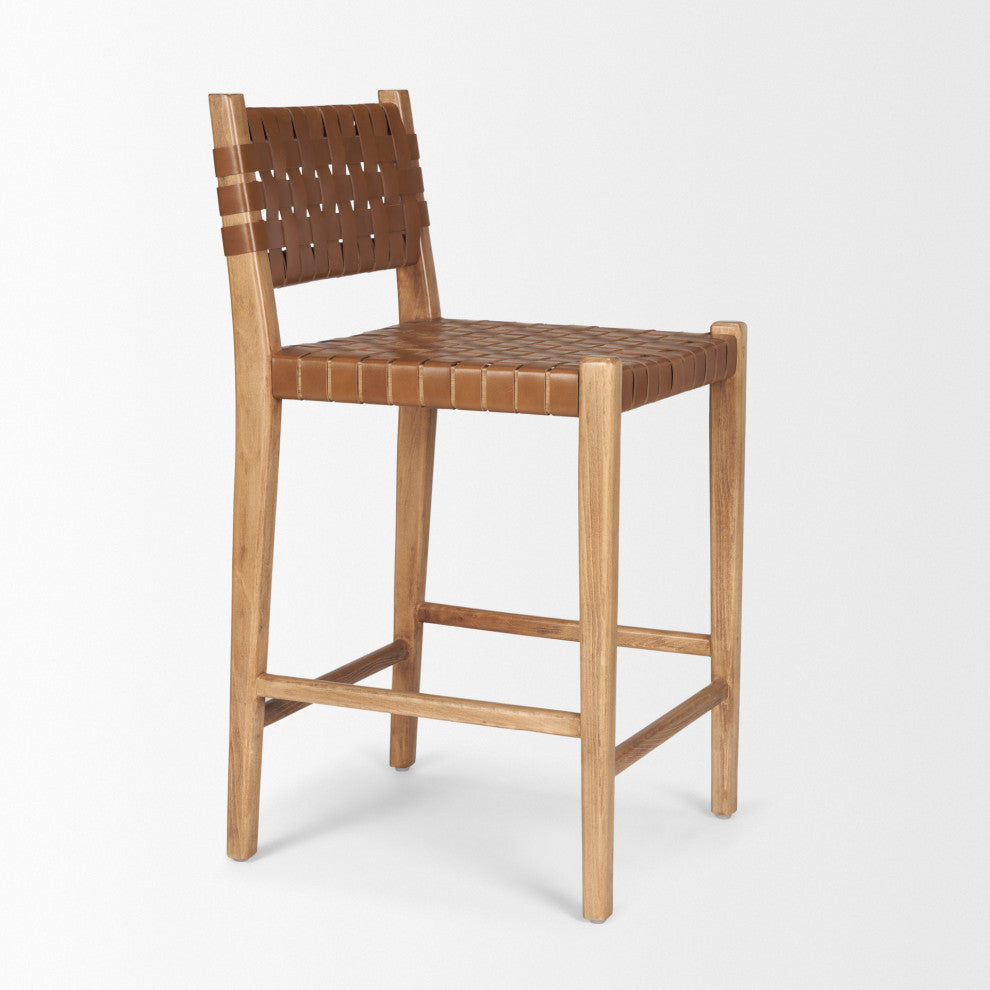 Shane Brown Wood With Woven Brown Leather Counter Stool
