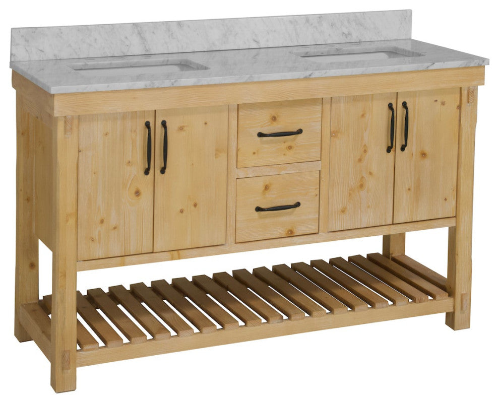 Birmingham Bathroom Vanity, Drift Wood, 60", Carrara Marble, Double Sink