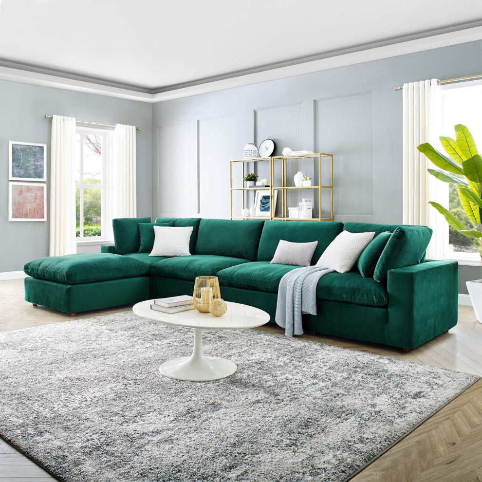Commix Down Filled Overstuffed Performance Velvet 5-Piece Sectional, Green