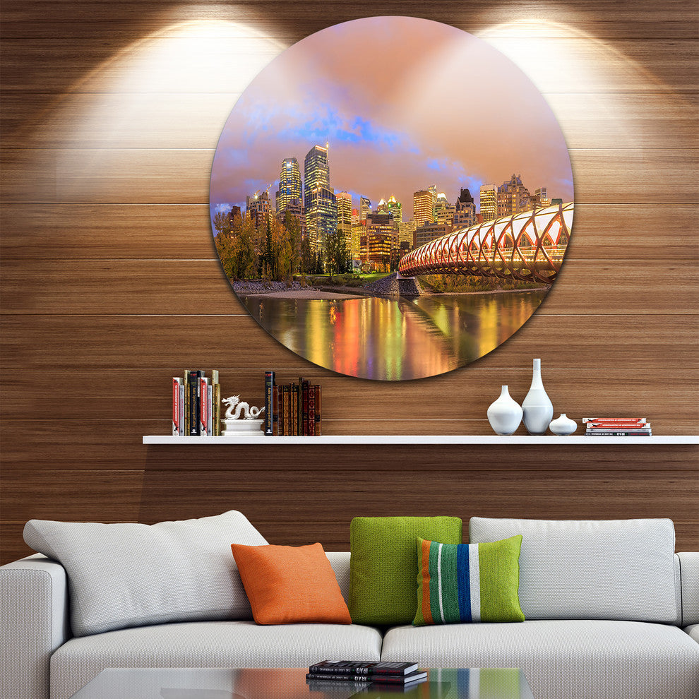 Calgary At Night, Cityscape Photography Disc Metal Artwork, 11"