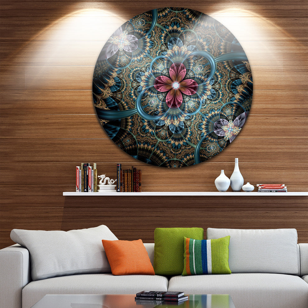 Dark Purple Fractal Flower, Digital Art Floral Round Metal Artwork, 23"