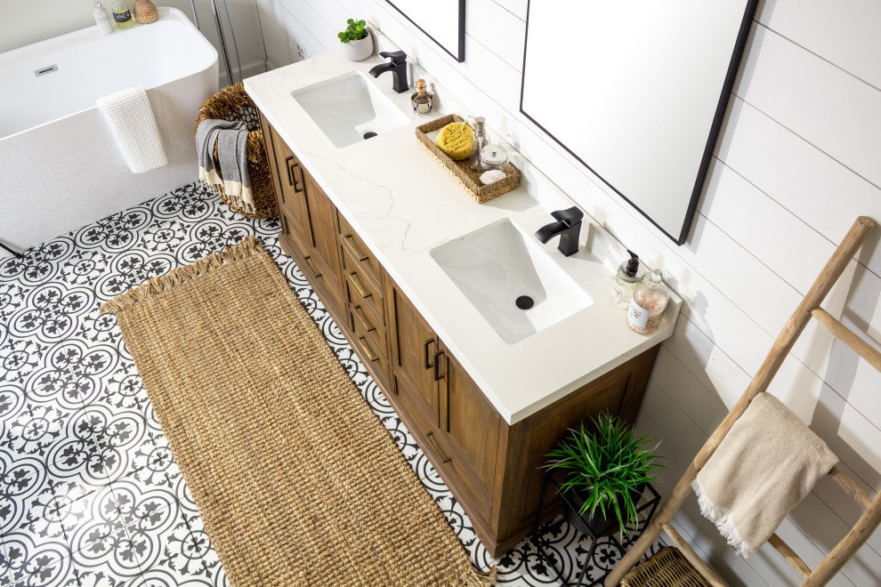 Charlotte Teak Wood Vanity, Distressed Gray, Empira Quartz, 72"