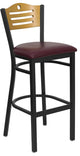Black Slat Back Metal Barstool, Natural Wood Back, Burgundy Vinyl Seat