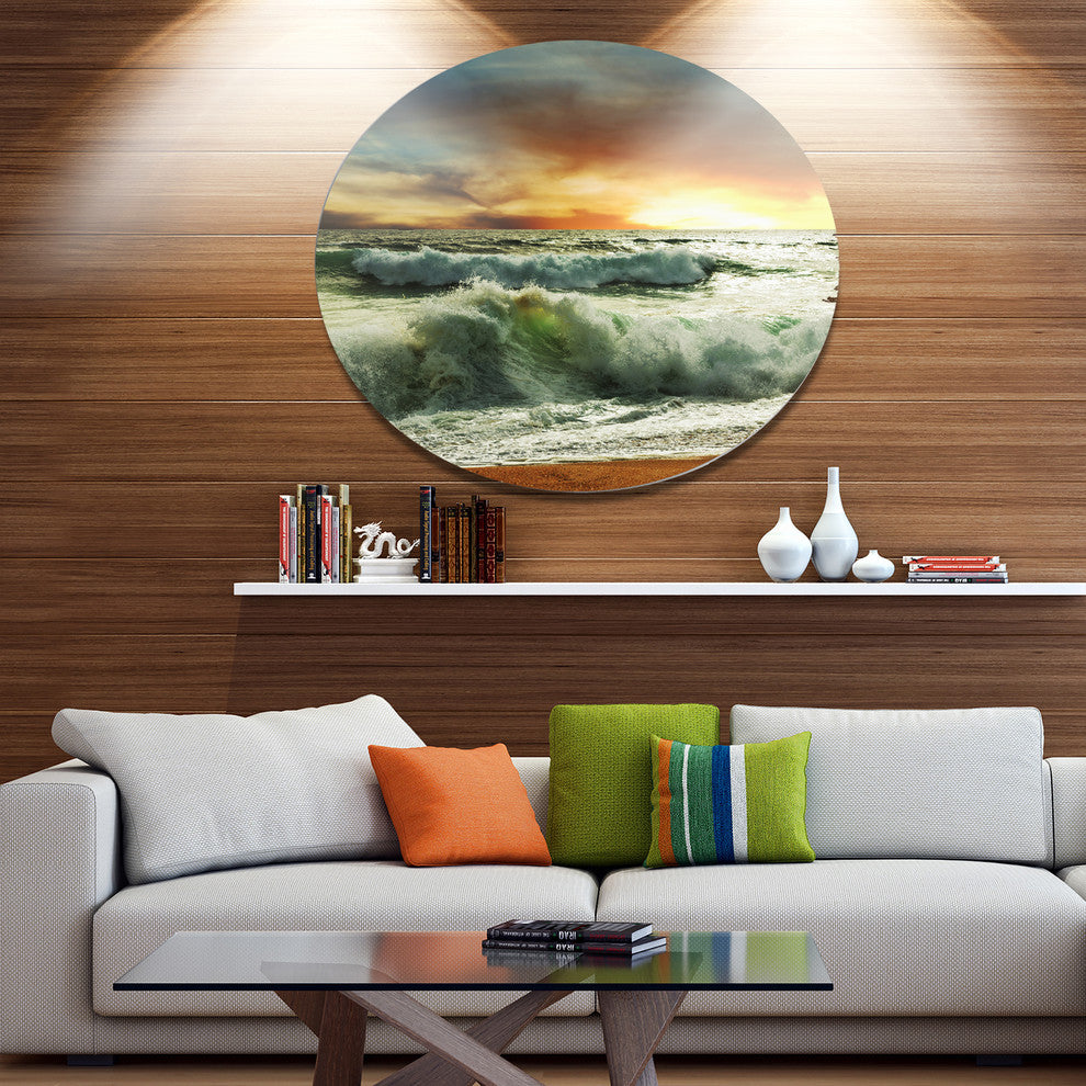 Rushing Waves In Evening Beach, Seashore Disc Metal Wall Art, 23"