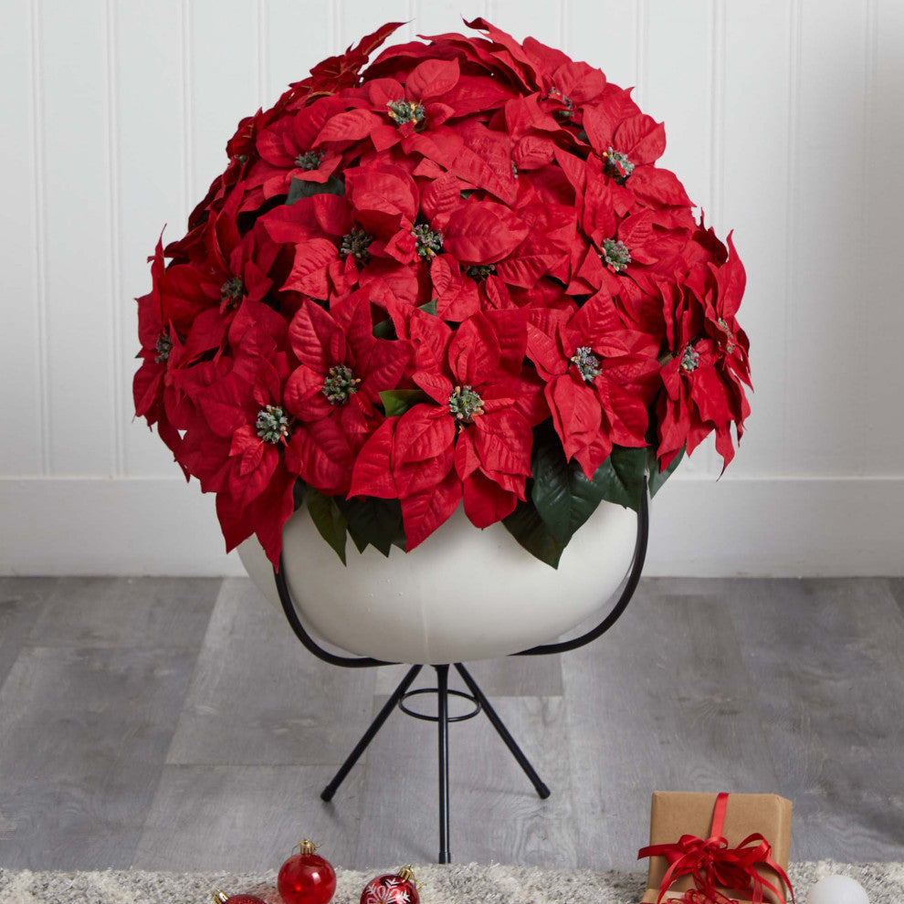 33" Grand Poinsettia Artificial Arrangement, White Vase With Metal Stand