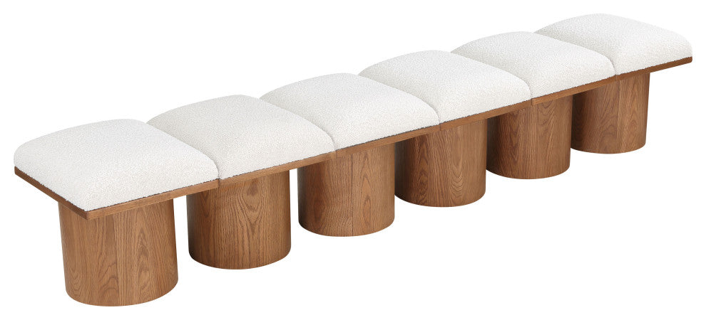 Pavilion Boucle Fabric Upholstered 6-Piece Modular Bench, Cream, Walnut Finish