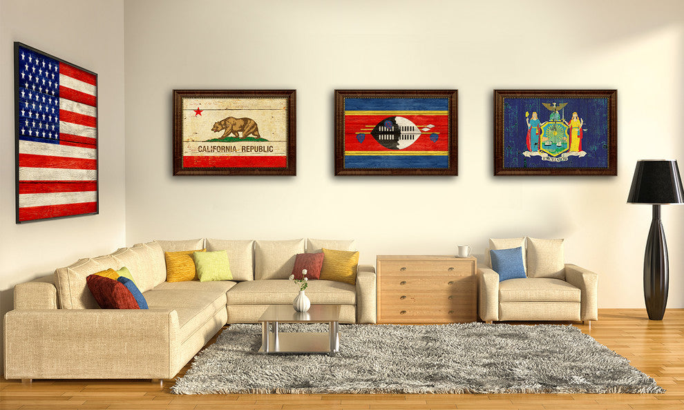 Swaziland Country Textured Flag Print With Brown Gold Frame, 19"X27"