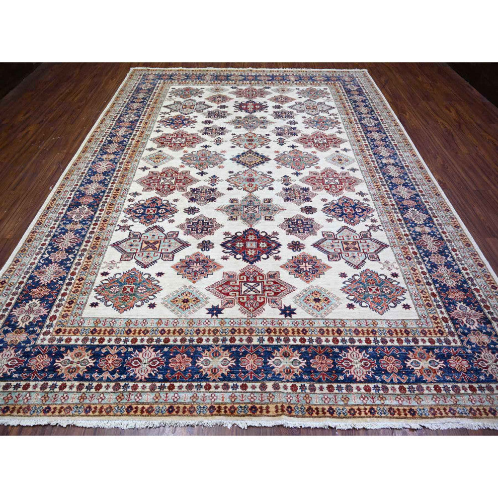 Smoky White Wool Hand Knotted Afghan Super Kazak Oriental Rug, 9'2"x11'10"