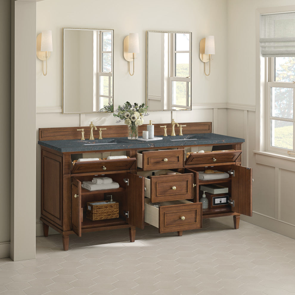 Lorelai 72"Double Vanity, Mid-Century Walnut, 3 CM Parisien Bleu Top