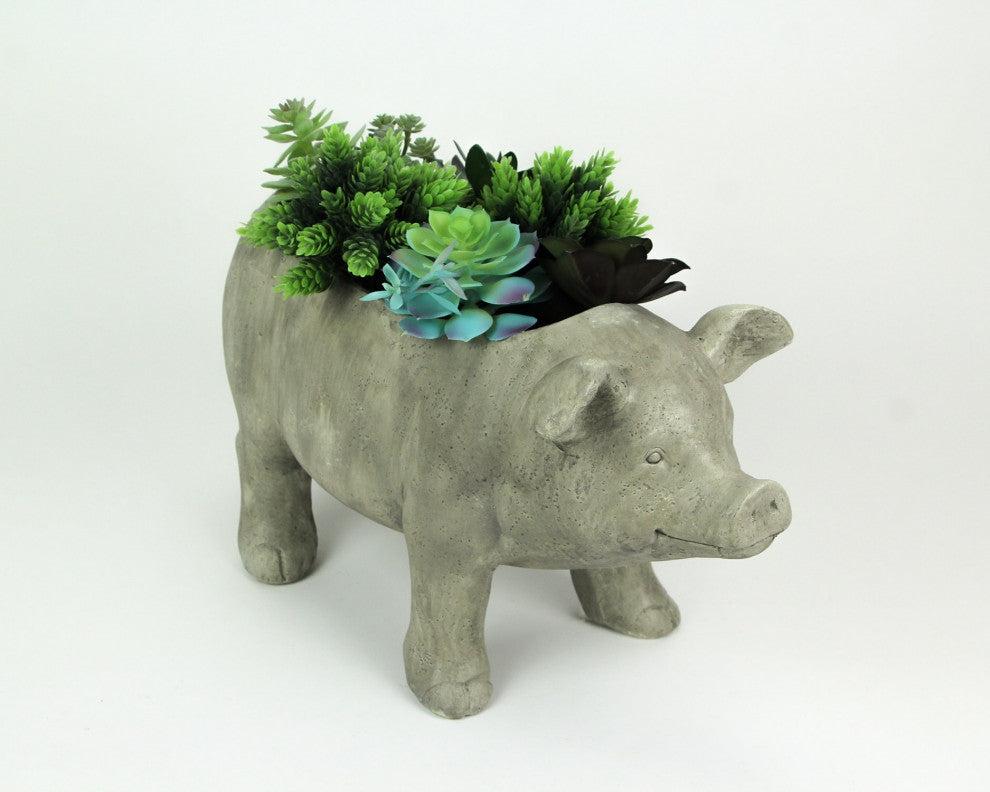 17 Inch Long Weathered Gray Finish Smiling Pig Planter
