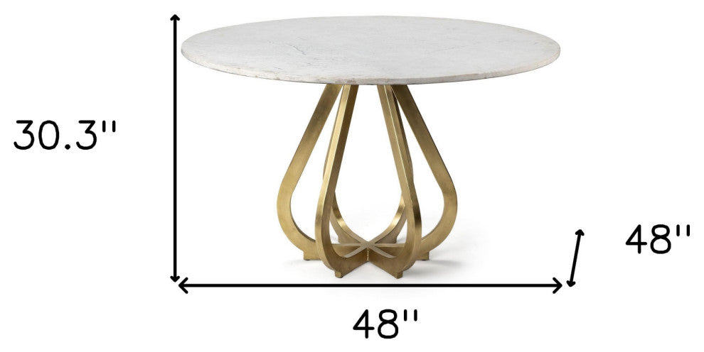 48" White And Gold Rounded Marble And Metal Pedestal Base Dining Table