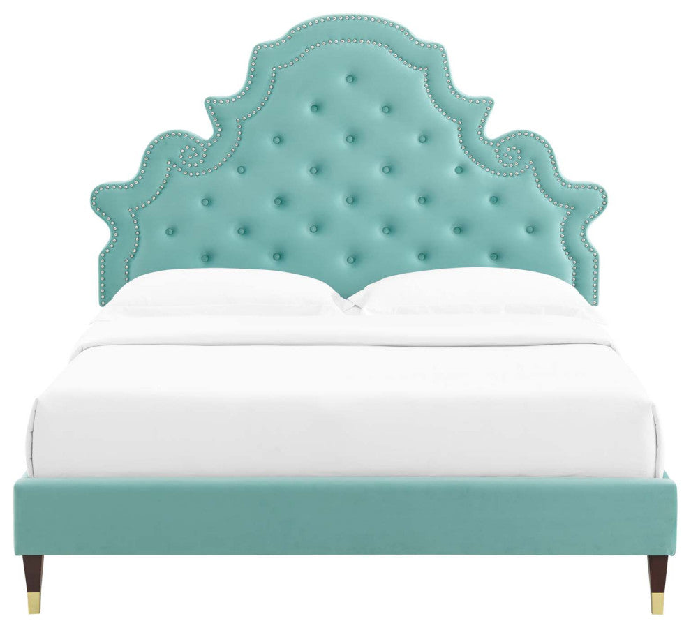 Tufted Platform Bed Frame, Full Size, Velvet, Blue, Modern Contemporary, Bedroom
