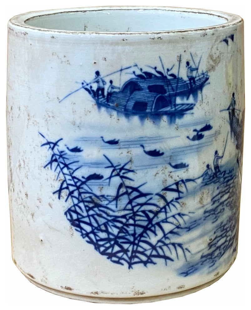 Chinese Distressed White Porcelain Blue Scenery Graphic Holder Vase Hws1844