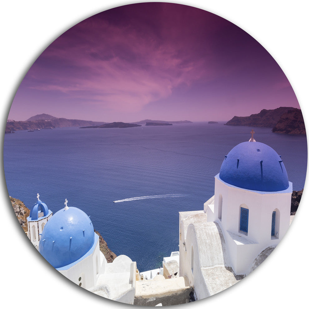 Blue Domed Churches On Caldera, Landscape Disc Metal Artwork, 11"