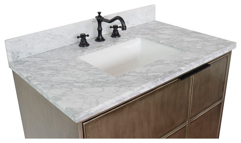 37" Single Vanity, Linen Brown Finish With White Carrara Top