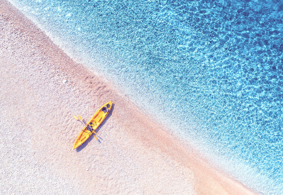 Yellow Canoe and Blue Sea by with Violet Glow Landscape Photo Canvas Art Print, 12" X 16"