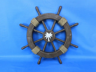 Rustic Wood Finish Decorative Ships Wheel With Palm Tree, 18"