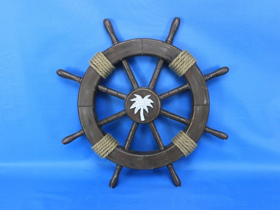Rustic Wood Finish Decorative Ships Wheel With Palm Tree, 18"