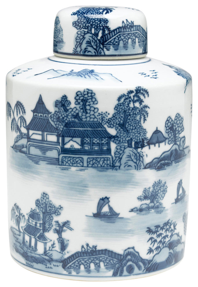 Blue and White Round Jar With Lid