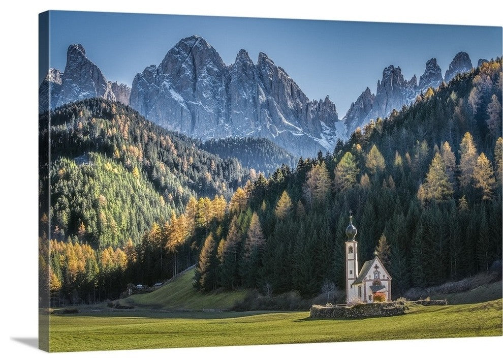 "Val Di Funes Small Church" Wrapped Canvas Art Print, 48"x32"x1.5"