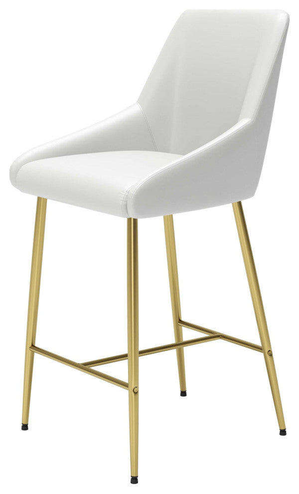 Counter Stool Chair, Faux Vinyl Leather, Steel, White, Gold, Cafe Bistro