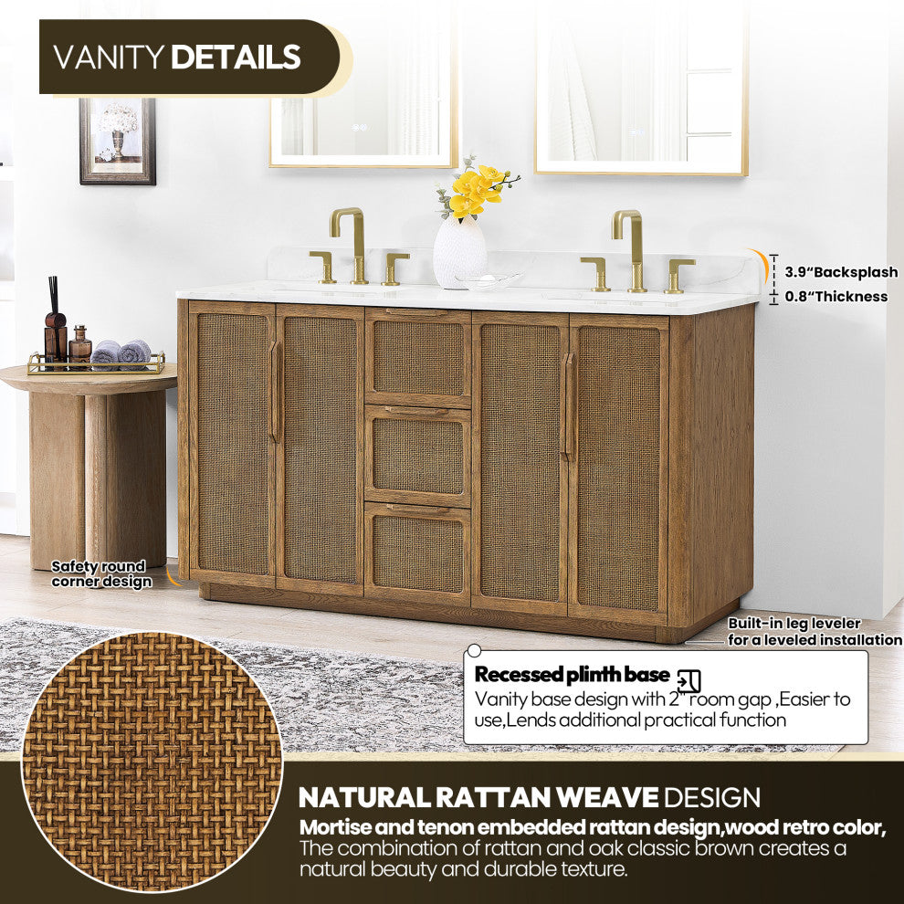 Busan Bath Vanity, Quartz Top No Mirror, Oak Classic Brown, 60", Double Vanity
