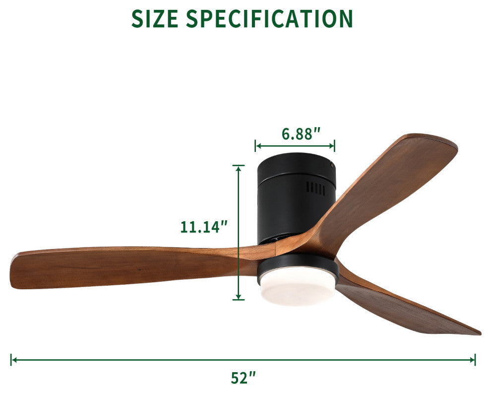 52" Solid Wood Ceiling Fanand Remote Control Reversible Blades, Matte Blck