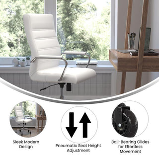 Whitney High Back Executive Swivel Office Chair with Black Frame & Arms, White Leathersoft/Chrome Frame